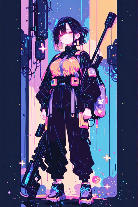 １people、Super super huge large caliber anti-object sniper rifle、full body image、Cyber style、Heavy equipment、masterpiece、top quality、Combat Uniform、hood on head、Cyber style、Yellow Eyes、Female、Combat、Mr.々Equipment、Back to waist、Blame、 bag