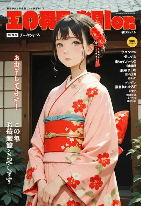 Magazine cover,1girl,kimono, cowboy shot