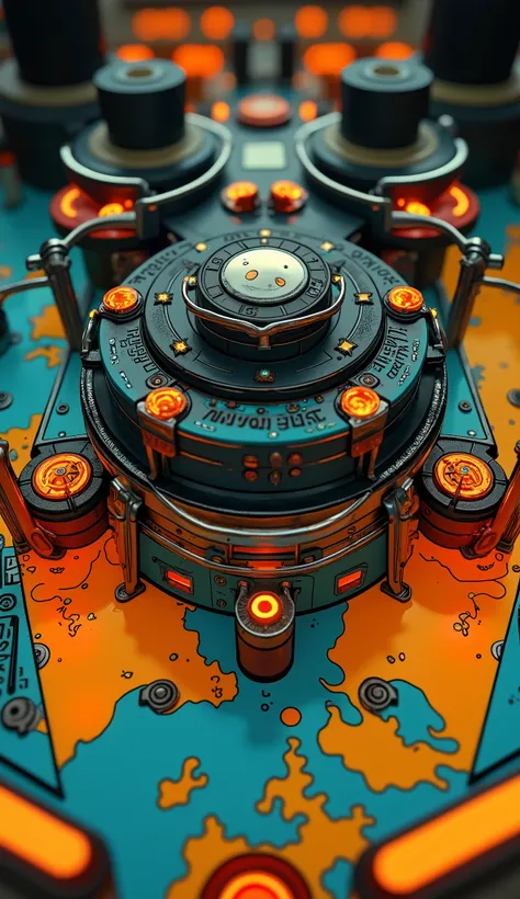 A vibrant and colorful pinball machine playfield is captured in this image.  This design is 、features a dynamic combination of bright colors such as orange。, red, Blues, and yellows, The bold black outline creates an impressive contrast. Several prominent ...