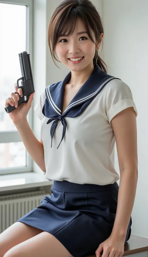 (8k, , Hyperphotoreality:1.2), ( Adjacent Super Quality :1.2), ( top quality:1.3), ( ristic :1.2), big breasts and futuristic guns( very detailed illustration on white paper :1.2), (( one woman), ( is beautiful and cute :1.5), (Neck wrink...