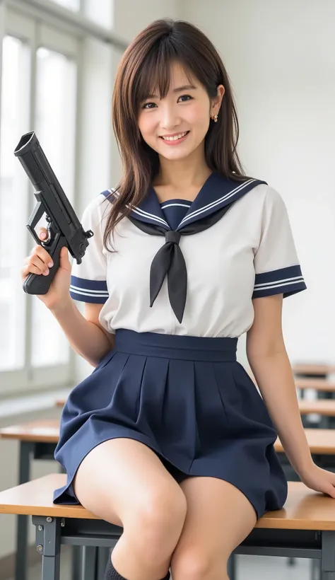 (8k, , Hyperphotoreality:1.2), ( Adjacent Super Quality :1.2), ( top quality:1.3), ( ristic :1.2), big breasts and futuristic guns( very detailed illustration on white paper :1.2), (( one woman), ( is beautiful and cute :1.5), (Neck wrink...