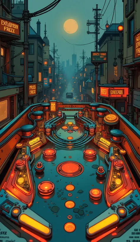 A vibrant and colorful pinball machine playfield is captured in this image.  This design is 、features a dynamic combination of bright colors such as orange。, red, Blues, and yellows, The bold black outline creates an impressive contrast. Several prominent ...