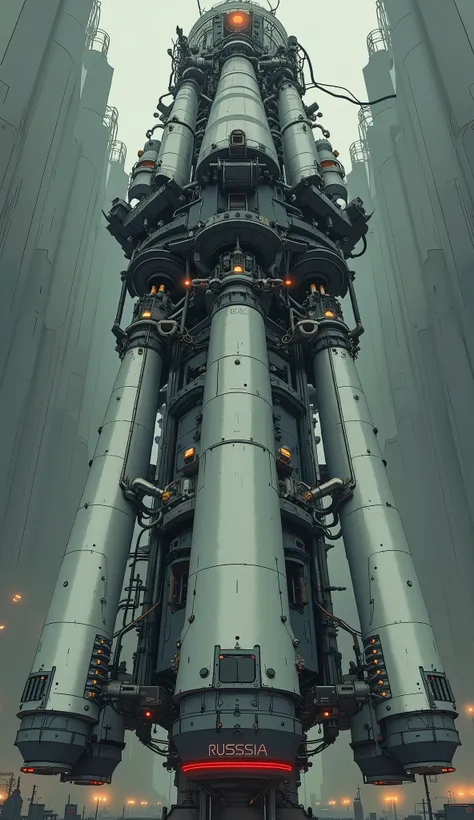 この画像は強力なRD-171Mロケットエンジンを特徴としており, a marvel of engineering と technology. The central focus is on its intricate piping system と complex mechanical structures, チューブのネットワークを披露, ワイヤー, と valves, 洗練されたデザインを物語っています. エンジンは主に銀色で、, マットな仕上がりで, reflecting a sense of pre...