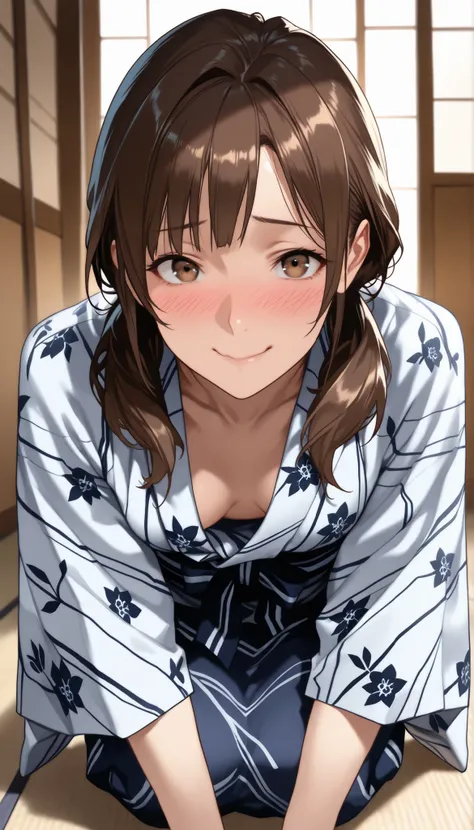 (stares at viewers,Eye Focus:1.1),masterpiece, top quality, Vibrant, very aesthetic, high contrast, semi-realistic, Newest, mature woman,(1girl,18 years old),schoolgirl, (Ideal Body Ratio:1.2),Kneeling,(tilt her head),brown hair,rose twin tail,rough hair,v...