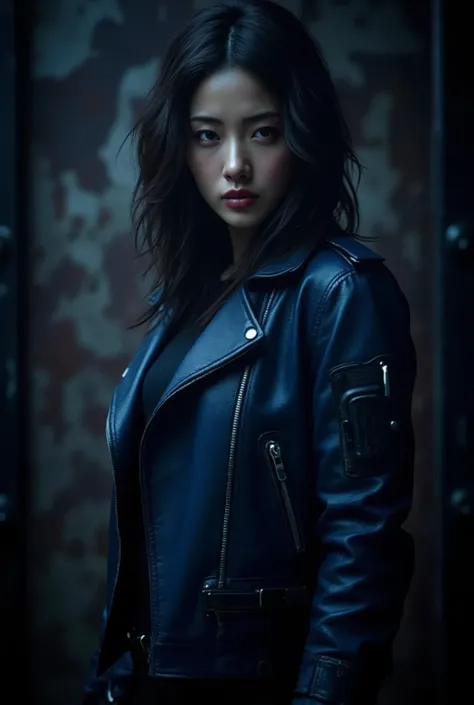 japanese woman in a blue jacket and black pants posing for a picture, in a dark space mercenary outfit, promotional still, hailee steinfeld, oona chaplin, promo still, female lead character, an edgy  assassin, tessa thompson, sil from species, promotional ...