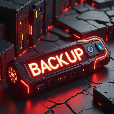 A large flash drive with a single neon text printed on the large one where it says " Backup ", black graphite floor, the floor where it is located is cracked and volumetric lights generated by neon light come out of the cracks