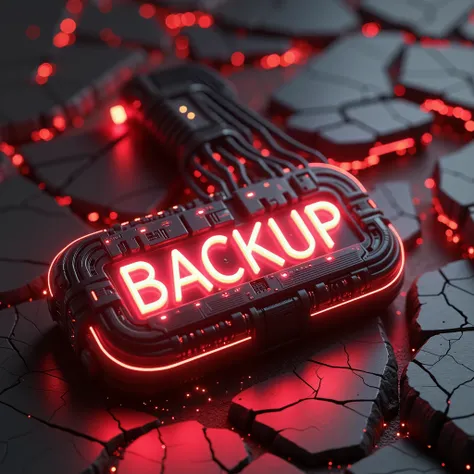 A large flash drive with a single neon text printed on the large one where it says " Backup ", black graphite floor, the floor where it is located is cracked and volumetric lights generated by neon light come out of the cracks