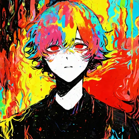 perfect composition, Very awa, jaggy lines,  Limited color, spot color,  colorful, acid_trip, abstract background, Limited color, traditional media, Depression angle,  perspective deformation, facial focus,
1 boy, Upper body, unique,  Colored hair，Flutteri...