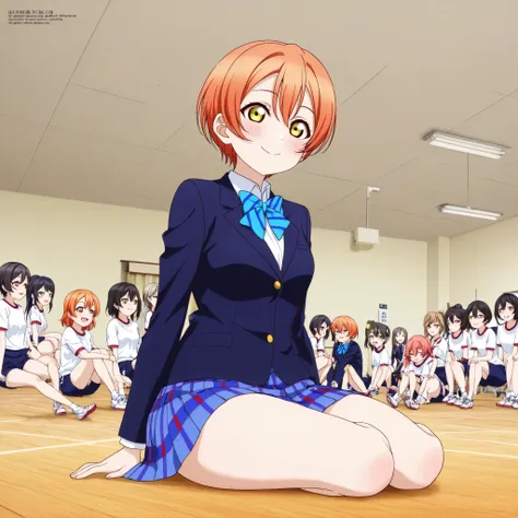 1girl,feeling unwell , Striped, short hair, blush, otoNokizaka school uniform, Love Live_rin, Blue Plaid Skirt, 青いStripedのリボン, orange hair, very short hair, in the night sky, yellow-green eyes,thighs,Smile,wearing a black blazer is sitting on the floor and...