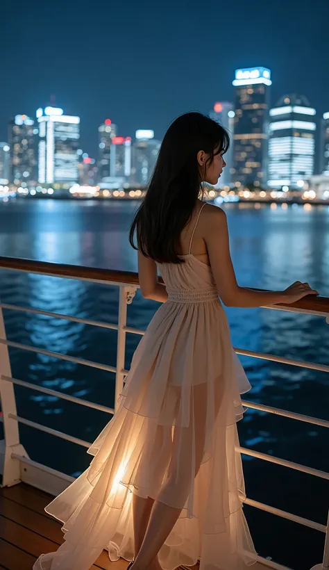 ((Full body shot from behind at an angle:1.5))、(Petite Young Japanese Woman)、Midsummer Night、Marine cruiser deck、Night view of Tokyo buildings on the other side of the ocean、((holding onto deck railings and watching buildings))、Building lights and neon lig...