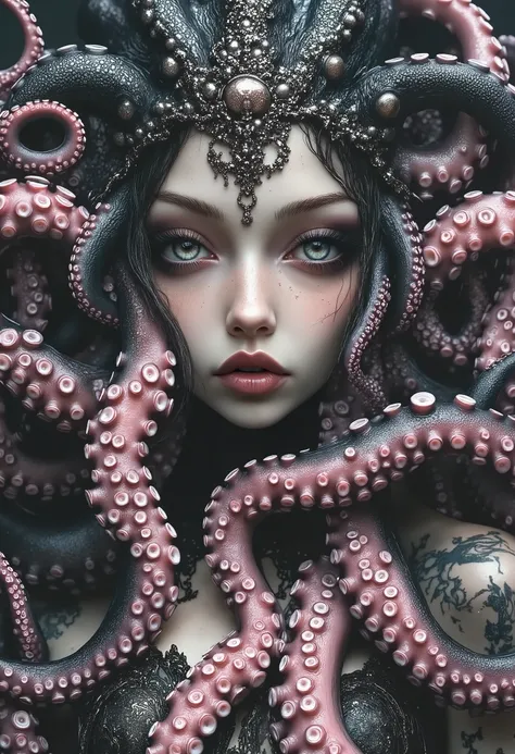 A beautiful young woman with pink and black hair wearing an octopus hat, in an elaborate, resembling an octopus, headdress in the style of intricate gothic portraits, Dark fantasy, and dark art. This award-winning high-resolution photo shows a breathtaking...