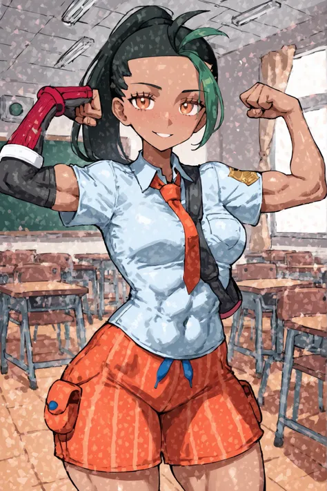a women, alone, Nemona from Pokémon, tight body, tall, fit body, toned body, lean legs, tight hips, small hips, dressed with a school uniform, beautiful face, beautiful eyes, in front a classroom, flexing her bicep, masterpiece, 8k, best quality