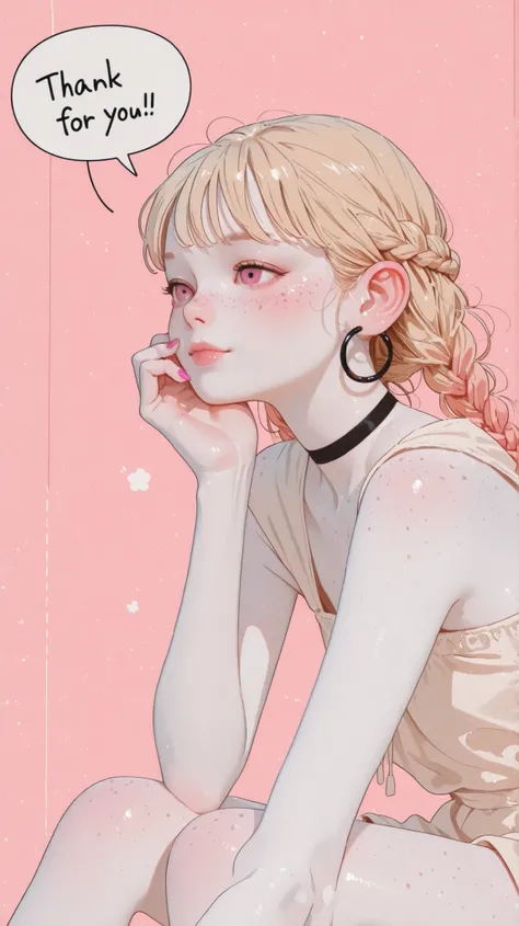 realistic face, Realistic, braids, cute face, Nice, cute face, White skin on top, freckles, blonde french braid, Very real face, No makeup, No expression, Thin and beautiful legs, body, innocent looks , young face, Pink long nails, black choker...