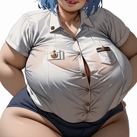 Score_9, score_8_up, score_7_up, score_6_up, score_5_up, score_4_up, anime_manga style, ((full view)) A character created for a Vore dating sim, a tall striking BBW with vibrate blue hair. she is wearing a college uniform. White top, black shirt, smiling l...