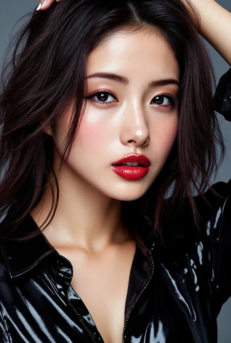 japanese girl,latex blouse,spits on blouse,detailed eyes and face,ultra-detailed hair,attractive appearance,confident gaze,longeyelashes,beauty,sexy,modern fashion style,black high heels,fashionable,wet blouse,shiny latex material,bright red lipstick,sharp...