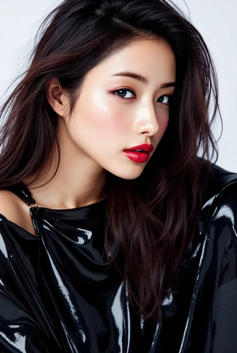 japanese girl,latex blouse,spits on blouse,detailed eyes and face,ultra-detailed hair,attractive appearance,confident gaze,longeyelashes,beauty,sexy,modern fashion style,black high heels,fashionable,wet blouse,shiny latex material,bright red lipstick,sharp...