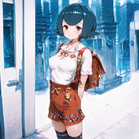 1girl, black eyes, white frill collar shirt, ,high waist skirt, ,Smile,blush,half-open eyes,medium breasts,,,Erectile Head,City,Standing,Sweating,red backpack, Viewers watching ,thigh high socks,,Interrupt
