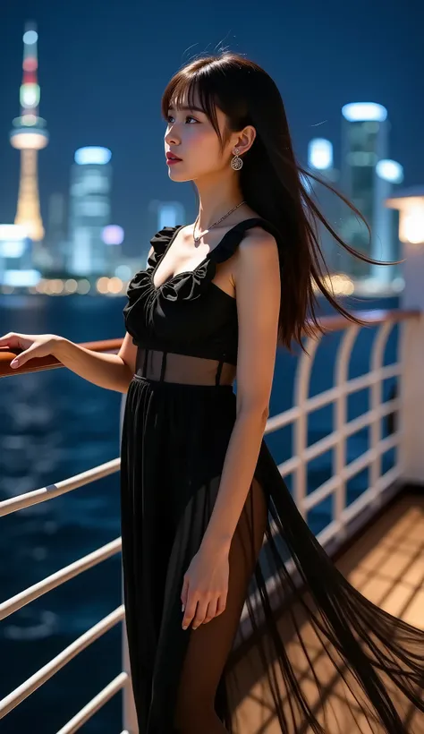 (( full body shot from the front:1.5))、(Petite Young Japanese Woman)、Midsummer Night、Marine cruiser deck、You can see the night view of Tokyo buildings and Skytree on the other side of the ocean、((I'm posing looking at the camera with a deck railing on my b...