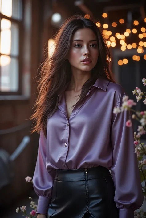 Foto hiperrealista en primer plano de arafed woman, masterpiece, best quality, (photorealistic:1.4), full body, (lavender satin luxury short sleeve button-up shirt :1.1), (leather skirt), cinematic light, beautiful woman, medium breasts, wavy hair, detaile...