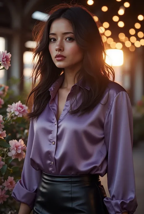 Foto hiperrealista en primer plano de arafed woman, masterpiece, best quality, (photorealistic:1.4), full body, (lavender satin luxury short sleeve button-up shirt :1.1), (leather skirt), cinematic light, beautiful woman, medium breasts, wavy hair, detaile...