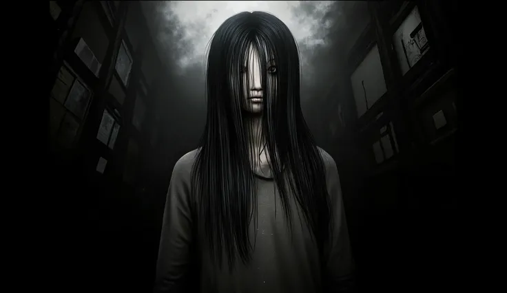 Sadako Yamamura, very long black hair covering her face,  surreal terror, Japanese horror style, high intensity, high detail, masterpiece.