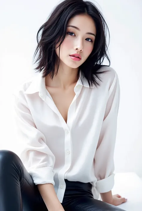 Japanese female model with an shiny white satin button down shirt with medium breasts, black hair, leather pants, seductive, white studio background