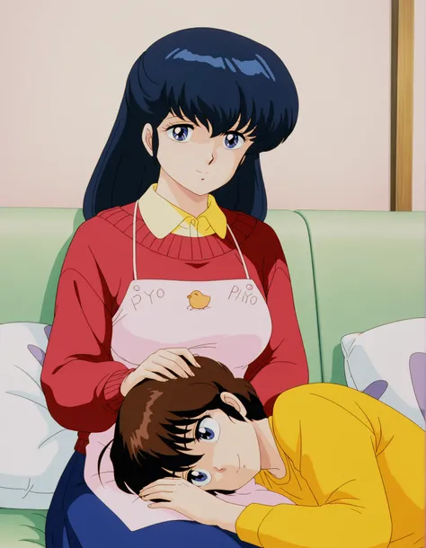 masterpiece, best quality, amazing quality, detailed background, perfect eyes, anime coloring, anime screenshot, 1980s \(style\), 1girl, solo, mature female, otonashi kyouko, black hair, long hair, , blue eyes, medium breasts, yellow shirt under red sweate...