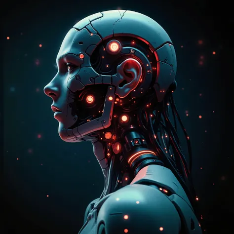 cyberpunk anime style, Aesthetic image of the film Ghost in by Shell, Perfect shot of a head, The head is on the side, of a 25-year-old boy with no hair on his head and without clothes, You can only see up to the shoulders, le salen three cables gruesos de...