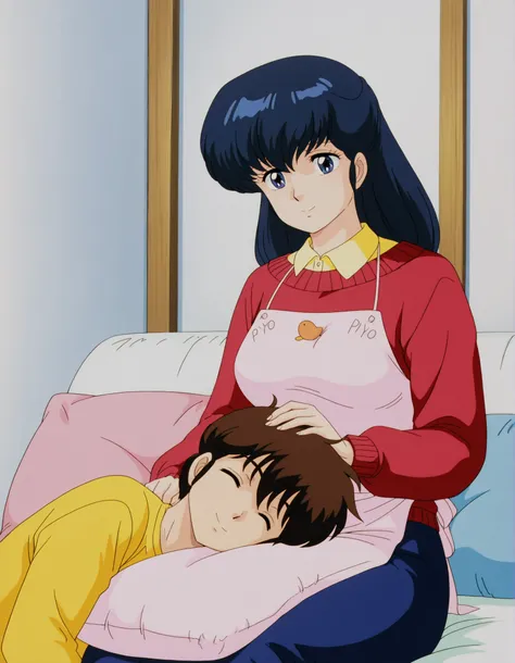 masterpiece, best quality, amazing quality, detailed background, perfect eyes, anime coloring, anime screenshot, 1980s \(style\), 1girl, solo, mature female, otonashi kyouko, black hair, long hair, , blue eyes, medium breasts, yellow shirt under red sweate...
