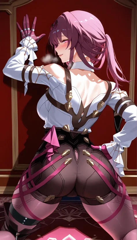 score_9,score_8_up,score_7_up,1 Female, solo,large_, vision_\(Honkai:Star rail\), Kafka_\(Honkai:Star rail\), gloves,looking_at_viewer,(Spreading Legs),Kneeling on the floor,(One hand hold the Wall,ther hand on her own hip),(In Royal bedroom),Torogao,blush...
