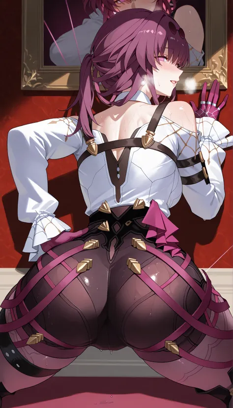 score_9,score_8_up,score_7_up,1 Female, solo,large_, vision_\(Honkai:Star rail\), Kafka_\(Honkai:Star rail\), gloves,looking_at_viewer,(Spreading Legs),Kneeling on the floor,(One hand hold the Wall,ther hand on her own hip),(In Royal bedroom),Torogao,blush...