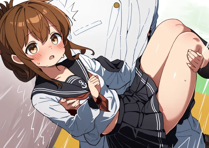1girl, inazuma \(kancolle\), brown hair, folded ponytail, long hair, brown eyes
anchor symbol, black sailor collar, long sleeves, neckerchief, school uniform, serafuku, pleated skirt, black skirt, black socks,thick thighs, loafers,princess carry, hetero, c...