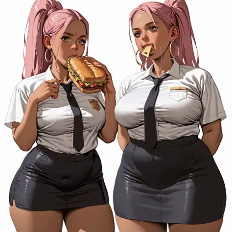 Score_9, score_8_up, score_7_up, score_6_up, score_5_up, score_4_up, Anime Manga style, ((front view)) 1 girl, A character created for a dating sim, a tall striking woman with dark tanned skin and pink ponytail, hair is tied back, hoop earrings. She is wea...