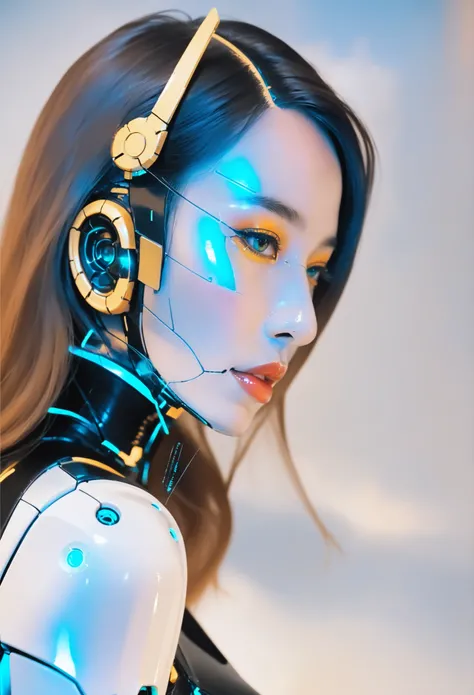 1 , female, robot, Voluptuosa,  futuristic , robotic face.