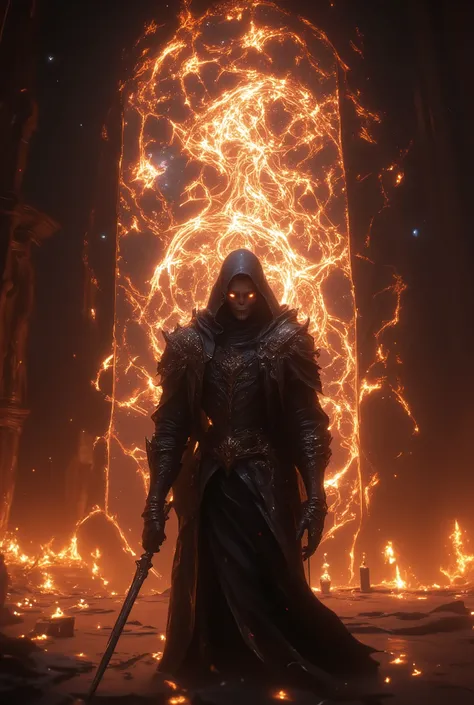 ((Masterpiece, gallery-quality, ultra-detailed, CG 8K wallpaper)), (mysterious and wise, a master painter mid-creation, long brush in hand, bold yet graceful expression:1.3), (wearing a flowing dark robe flecked with dried pigment, hands stained with color...