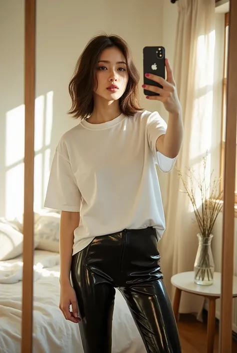 woman wearing super glossy black vinyl leggings and a white crewneck t-shirt while using an iphone to take a seflie in the mirror, in her sunlit bedroom