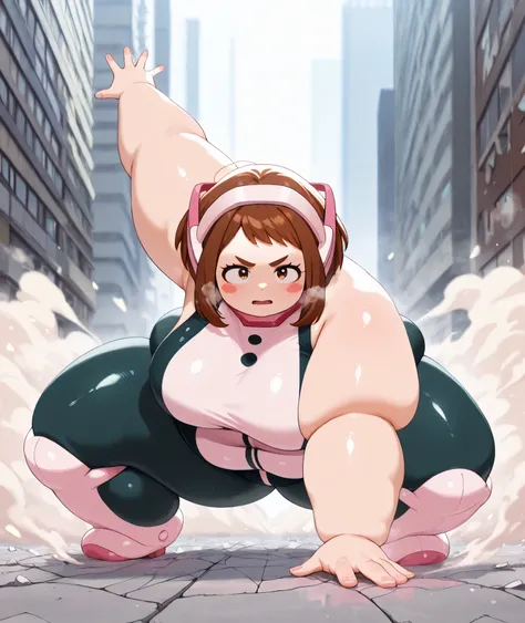 1girl, solo, 
uraraka ochako, brown hair, brown eyes, short hair, blush stickers,
betcos, headgear,
superhero landing, arm up, outstretched arms, 
(serious:1.2), 
looking at viewer, head down, 
outdoors, city, street, 
cracked floor, dust cloud, 
colorful,...