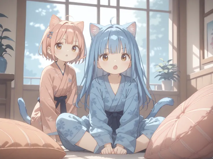 (masterpiece),(top quality),high score,hi-res,incredibly absurdres,Anime screencap,pastel colors that bring your face closer,Anime,、3 girls、、Juvenile body、face、Cat ears、cat tail、、 immature body、flat chest、Ryokan guest rooms、Japanese-style room、Wearing a y...