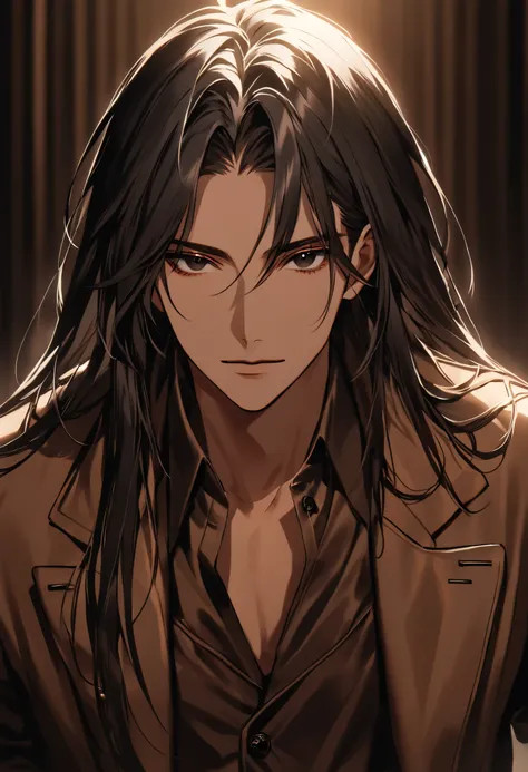 Handsome young man, athletic body, muscle, long hair, shoulder length hair, black hair, black eyes, tanned skin, wearing casual yet elegant clothing. He has a stylish brown jacket. The background is softly blurred, emphasizing his charismatic and mysteriou...