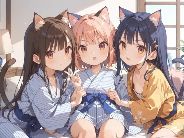 (masterpiece),(top quality),high score,hi-res,incredibly absurdres,Anime screencap,pastel colors that bring your face closer,Anime,、3 girls、、Juvenile body、face、Cat ears、cat tail、、 immature body、flat chest、Ryokan guest rooms、Japanese-style room、Wearing a y...