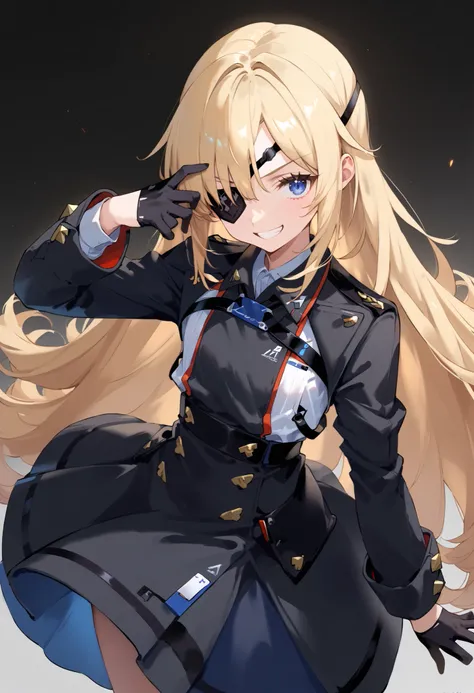 score_9, score_8_up, score_7_up, source_anime,dutch angle, absurdres,guillotineog_outfit, 1girl, eyepatch, flat-chested, solo, long hair,blue eyes, blonde hair, gloves, dress, shoes, black gloves, socks, uniform, black dress,upper body,grin,stylish pose,op...