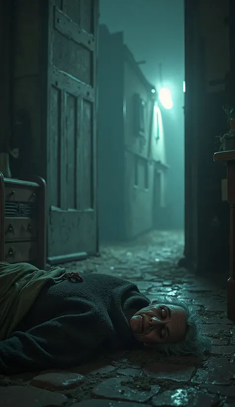 shot of an old woman found frozen, unconscious, lying in her living room, strange light in an alley, unexplained traces, dark, mysterious, sinister atmosphere