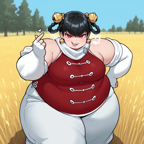masterpiece, best quality, 1girl, solo,  opmll, black hair, short hair, hair rings, twin braids, red eyes, hair bell, earrings, white scarf, red shirt, sleeveless shirt, detached sleeves, elbow gloves, fingerless gloves, white pants, baggy pants, (large br...