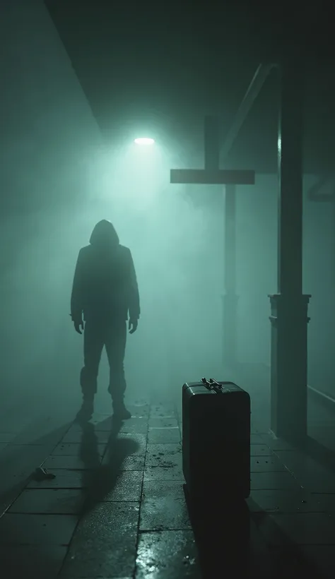 imagine a human shadow caught in the fog, a suitcase abandoned on a station platform, sinister light,