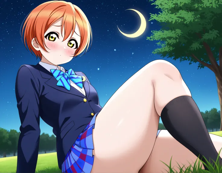 1girl, hoshizora rin, striped, short hair, blush, otonokizaka school uniform, lovelive_rin black blazer, blue plaid skirt, blue stripe bowtie, orange hair, very short hair, hair between eyes, yellow green eyes,knee up,thick thighs,crescent moon, stars (sky...