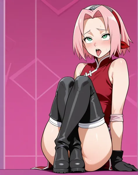 Haruno Sakura, pink hair, green eyes, short hair, red dress, forehead protector, ninja outfit, gloves, thigh-high boots, anime style, full body, show ass, ahegao, крупным планом, стоит раком, секс, сперма