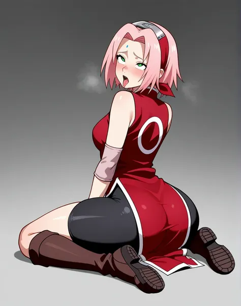 Haruno Sakura, pink hair, green eyes, short hair, red dress, forehead protector, ninja outfit, gloves, thigh-high boots, anime style, full body, show ass, ahegao, крупным планом, стоит раком, секс, сперма, жестко трахают