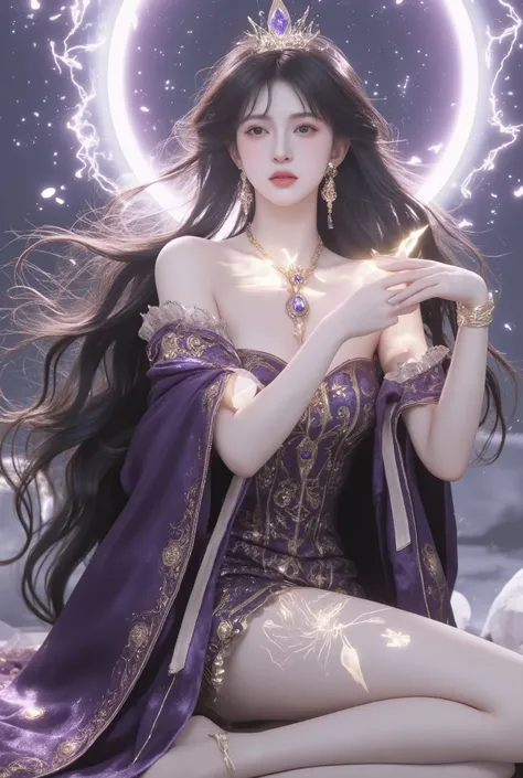 Create a highly detailed fantasy artwork featuring a stunning, ethereal female figure with an elegant and majestic appearance. She has long, flowing black hair adorned with a delicate golden crown or tiara, and her skin is porcelain smooth with a subtle gl...