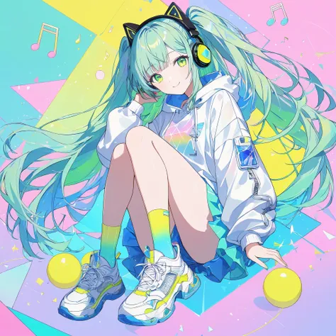 ((pastel))、official illustration style, Geometric pattern background  , white base, and a woman with neon triangles and musical notes are drawn ,Full Body, front angle  ,  cyber android  ,Smile,  wearing black cyber headphones,((Super Detailed))green eyes,...