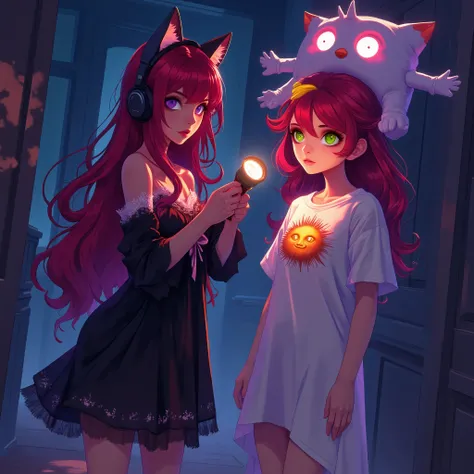  Masterpiece, detailed image, vivid colors, 4k, cinematographic photography, dynamic angle, 2girls, perfect human anatomy, a comical scene of a beautiful woman (nice curves) with long red hair and purple eyes, wearing a headset with cat ears, a black night...